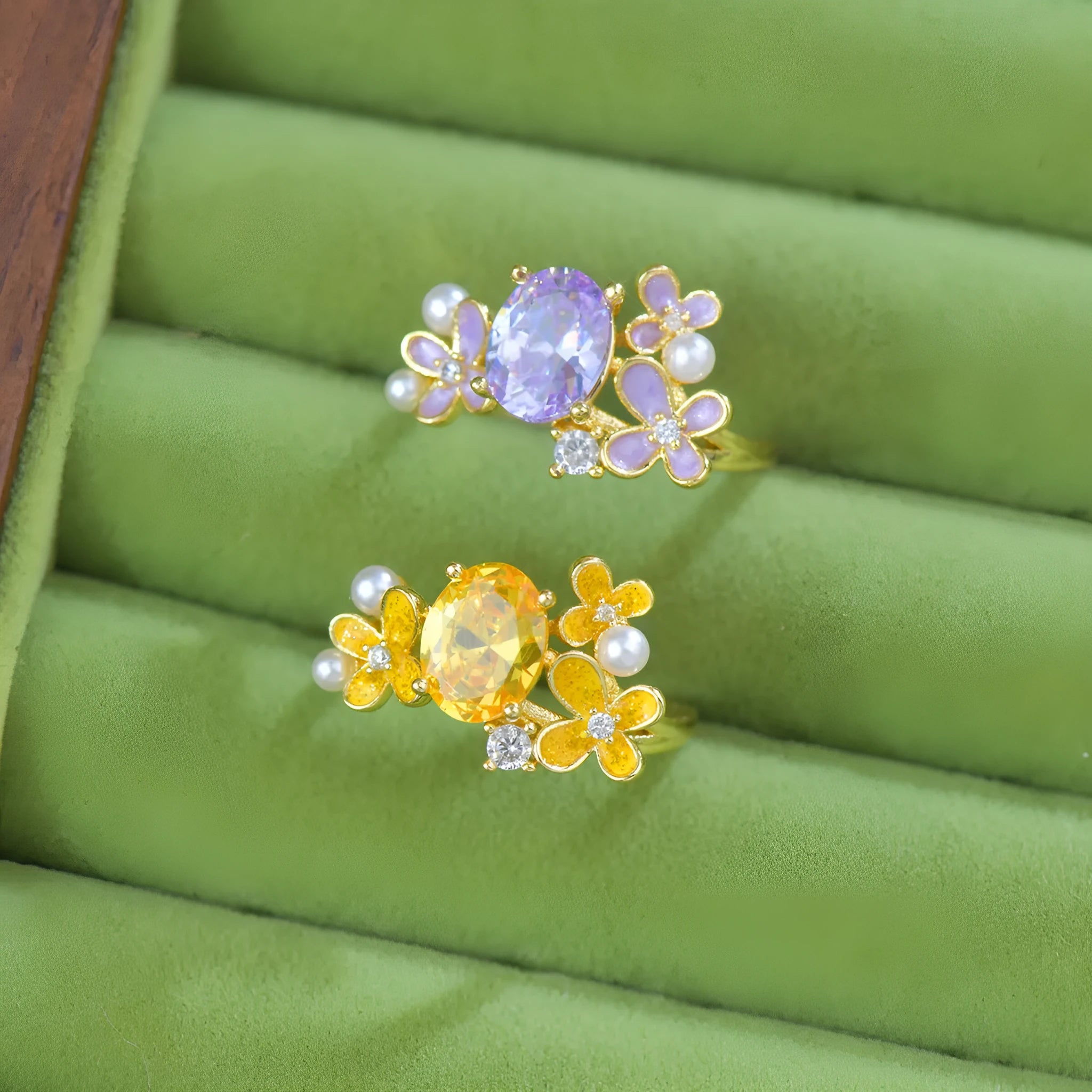 Flower pearl zircon open ring in yellow or light purple with floral design and adjustable opening