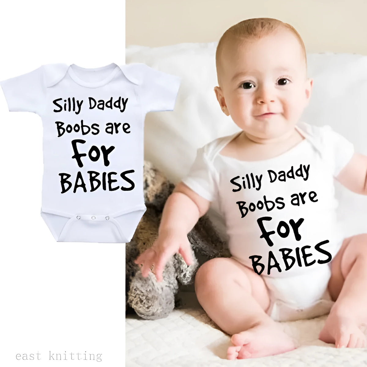 White triangle climbing vest top with printed text 'Silly Daddy Boobs Are For Babies' on the front