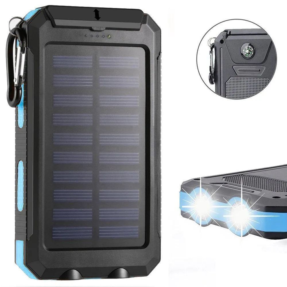 Black solar power bank with compass, LED flashlight, and 20000mAh capacity for mobile phone charging.