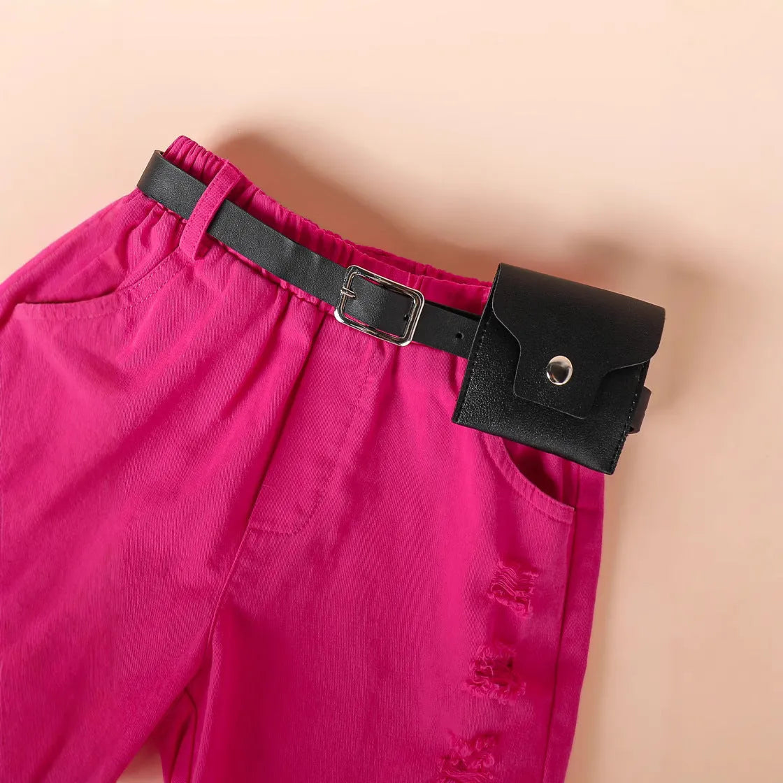 Girls rose red short-sleeved T-shirt, denim shorts and belt set for heights 4Y to 7Y