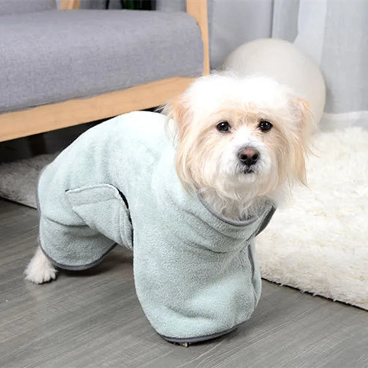 Blue microfiber pet drying towel bathrobe for dogs and cats on a light background