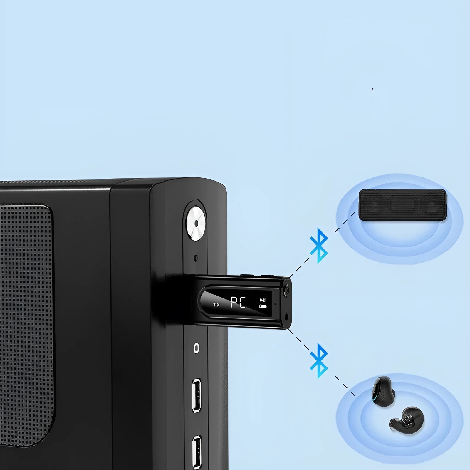 Matte black USB car FM Bluetooth receiver plugged into a 12V socket, showing its USB port and AUX input.