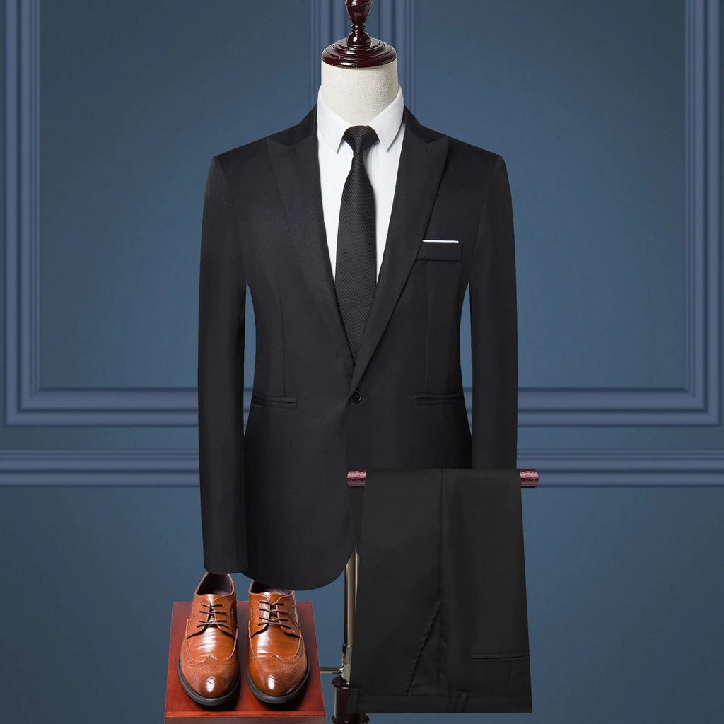 Men's two-piece solid colour leisure suit set with jacket and trousers in light business style