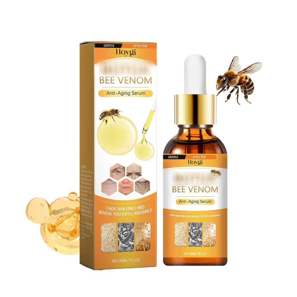 30ml bottle of clear anti-aging facial serum with hyaluronic acid and bee venom in dropper packaging
