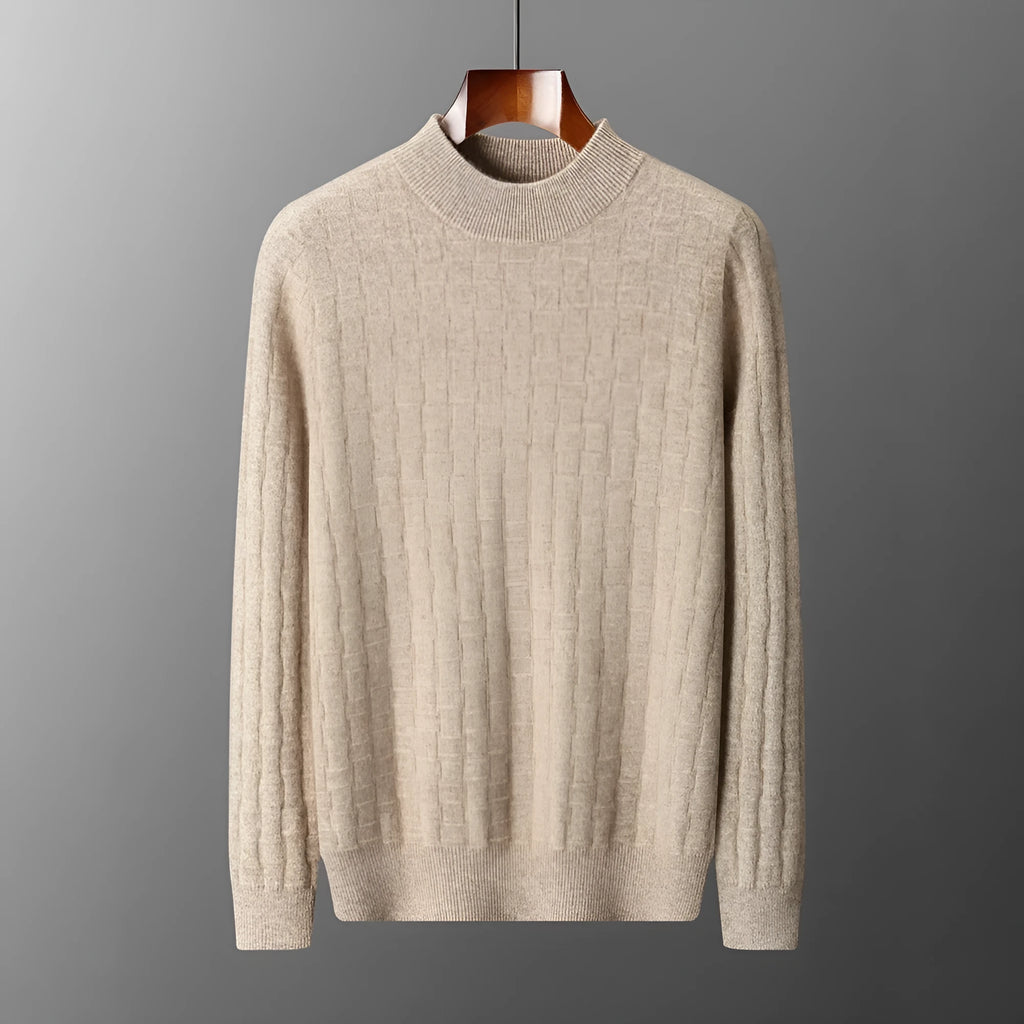 Men's half-high collar pullover sweater in wool, winter long sleeve loose fit, light gray colour
