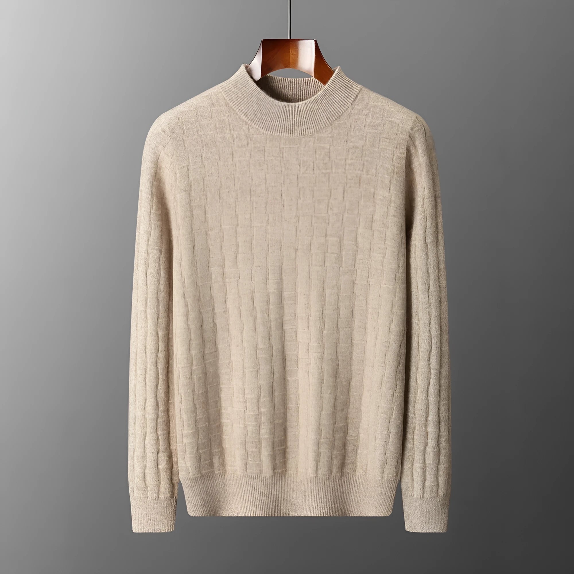 Men's half-high collar pullover sweater in wool, winter long sleeve loose fit, light gray colour