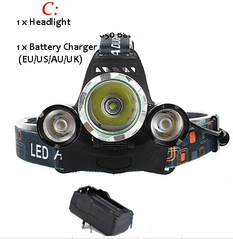 Aluminum alloy rechargeable LED headlamp with elastic headband, shown illuminating in dark setting.