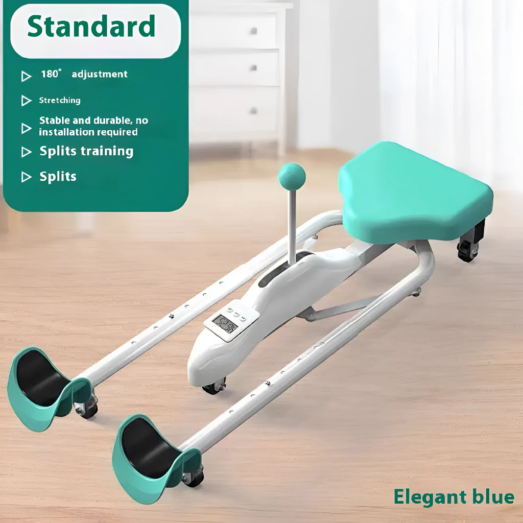 Steel-framed leg stretcher hip opener in blue or pink, shown with and without a backrest.