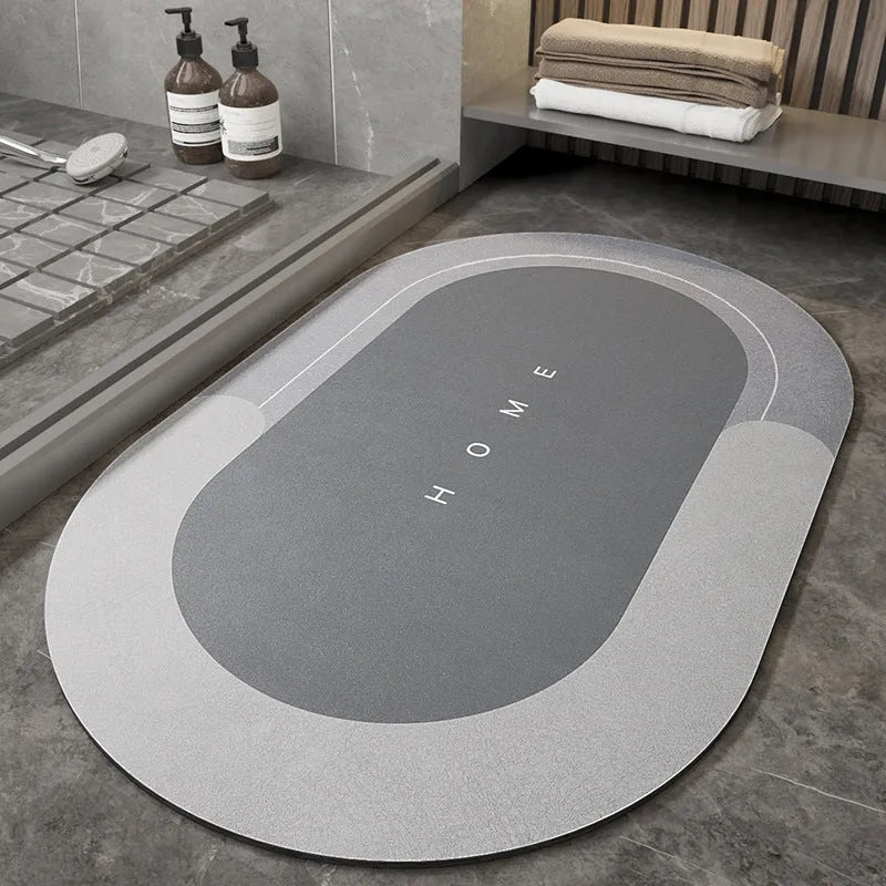 Blended material bathroom floor mat in oval and rectangle shapes on a tiled floor.