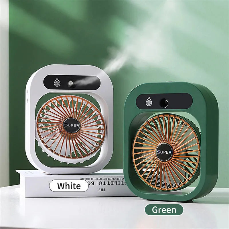 Green and white USB rechargeable misting fan air cooler with humidifier function