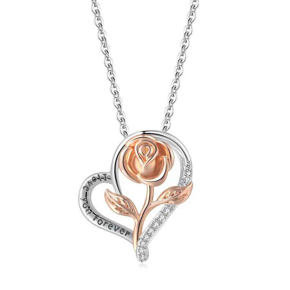 925 silver heart-shaped rose pendant necklace with electroplated finish on cross chain, unisex style