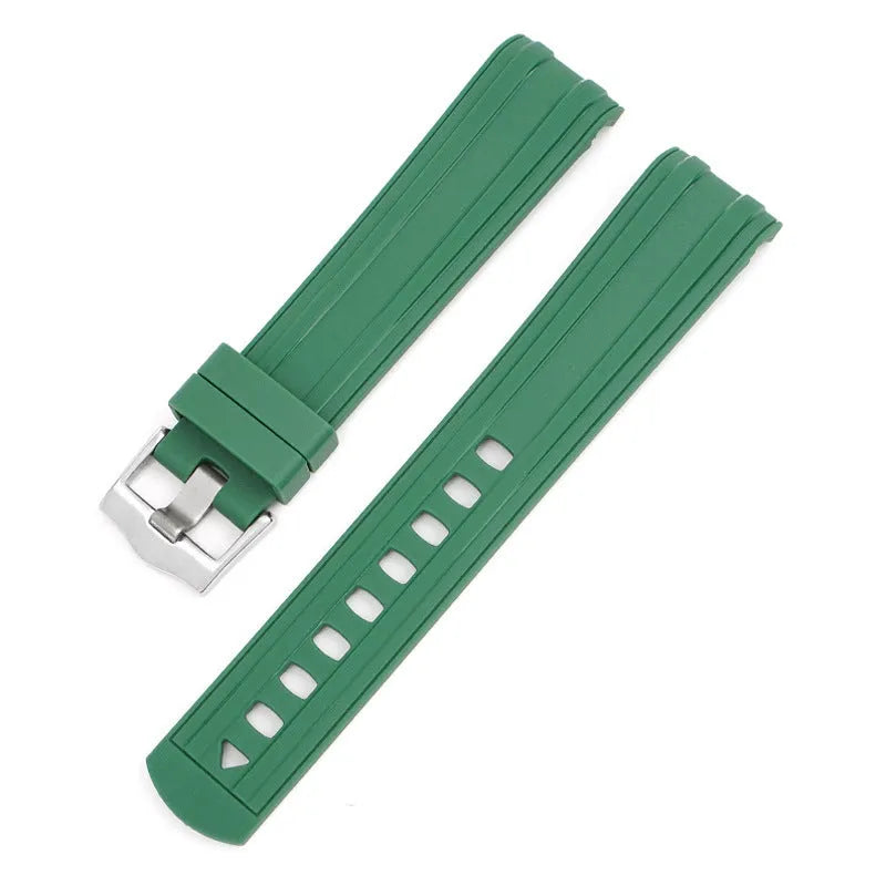 Apple Watch strap with silver buckle in 12 colour options including army green, sapphire blue, and dark red.