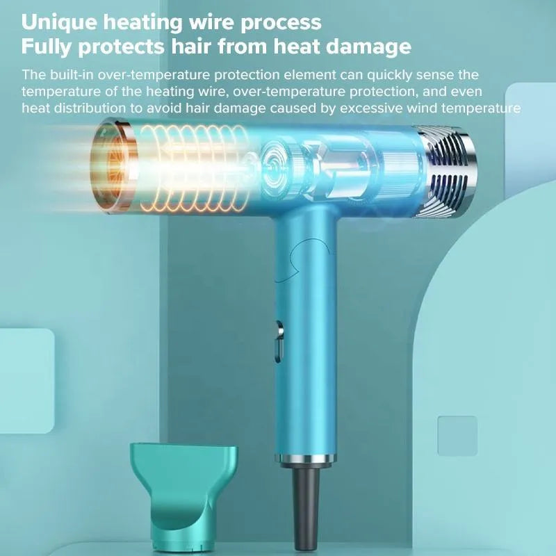 Foldable 1300W negative ion hair dryer in green, folded for compact storage