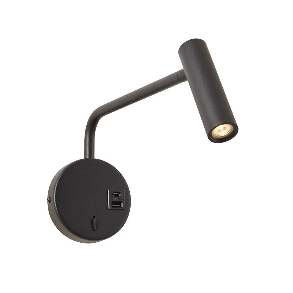 Rocker LED reading wall lamp in black finish with adjustable arm and head for bedside use