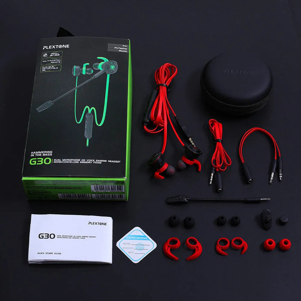 Shuangmai wired in-ear gaming headset with 1.5cm cable in black, green, and red colours