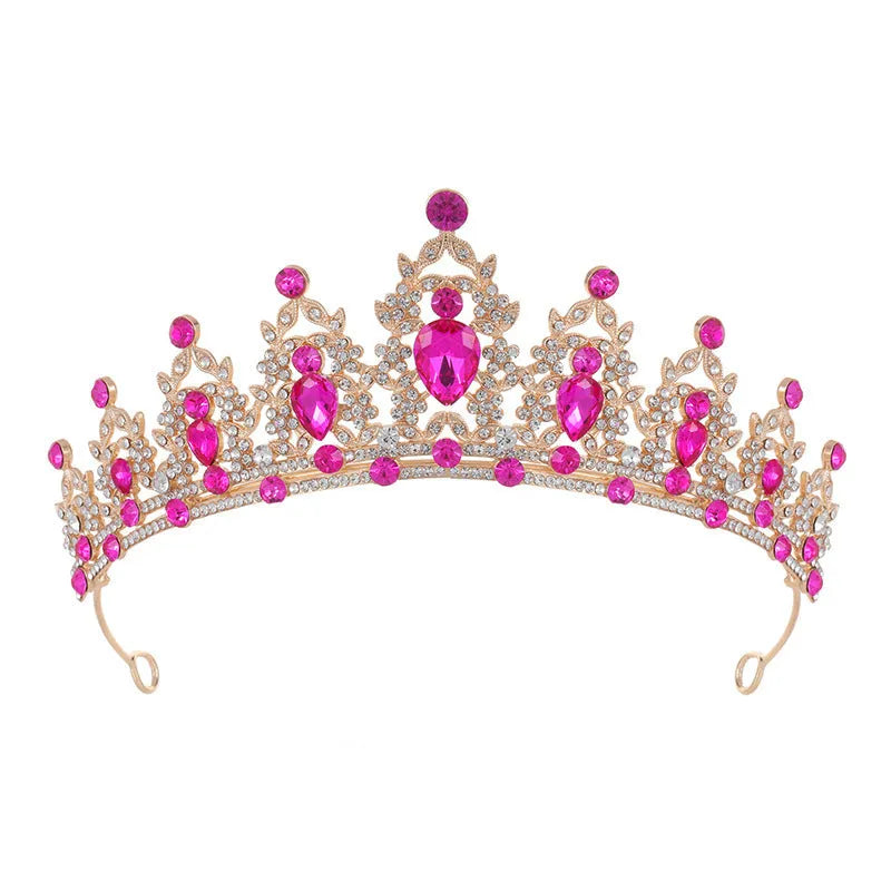 Baroque-style bridal crown hair accessory with rhinestones on an alloy frame in silver and gold colour options.