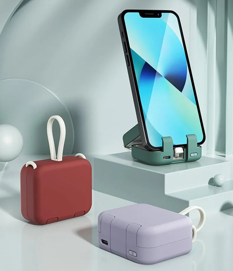 Multi-function bracket mobile power supply with dual cables and phone stand, 4000mAh, in green