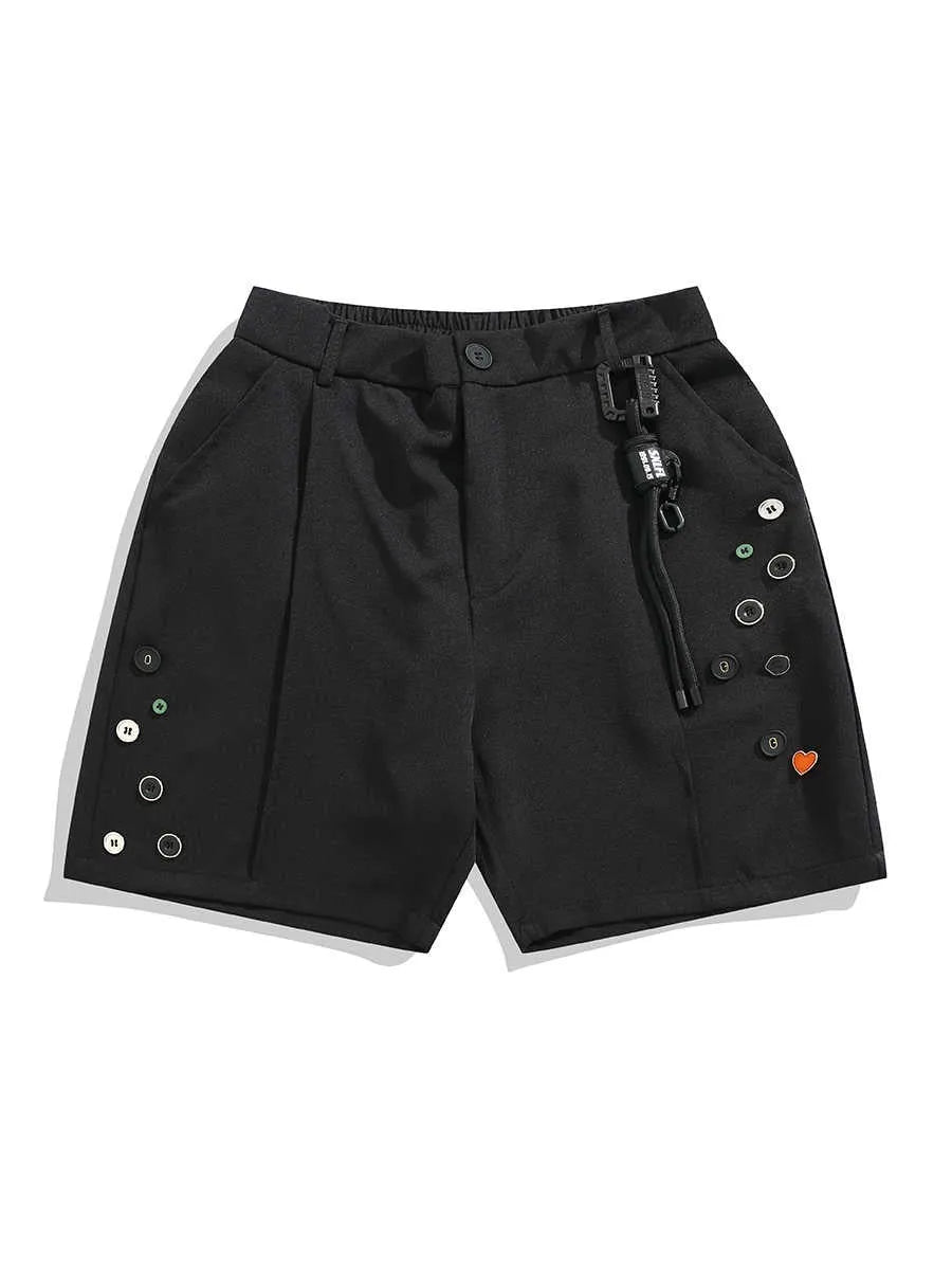 Man wearing black semi-elastic loose-fit shorts with a colour button fastening and zipper fly