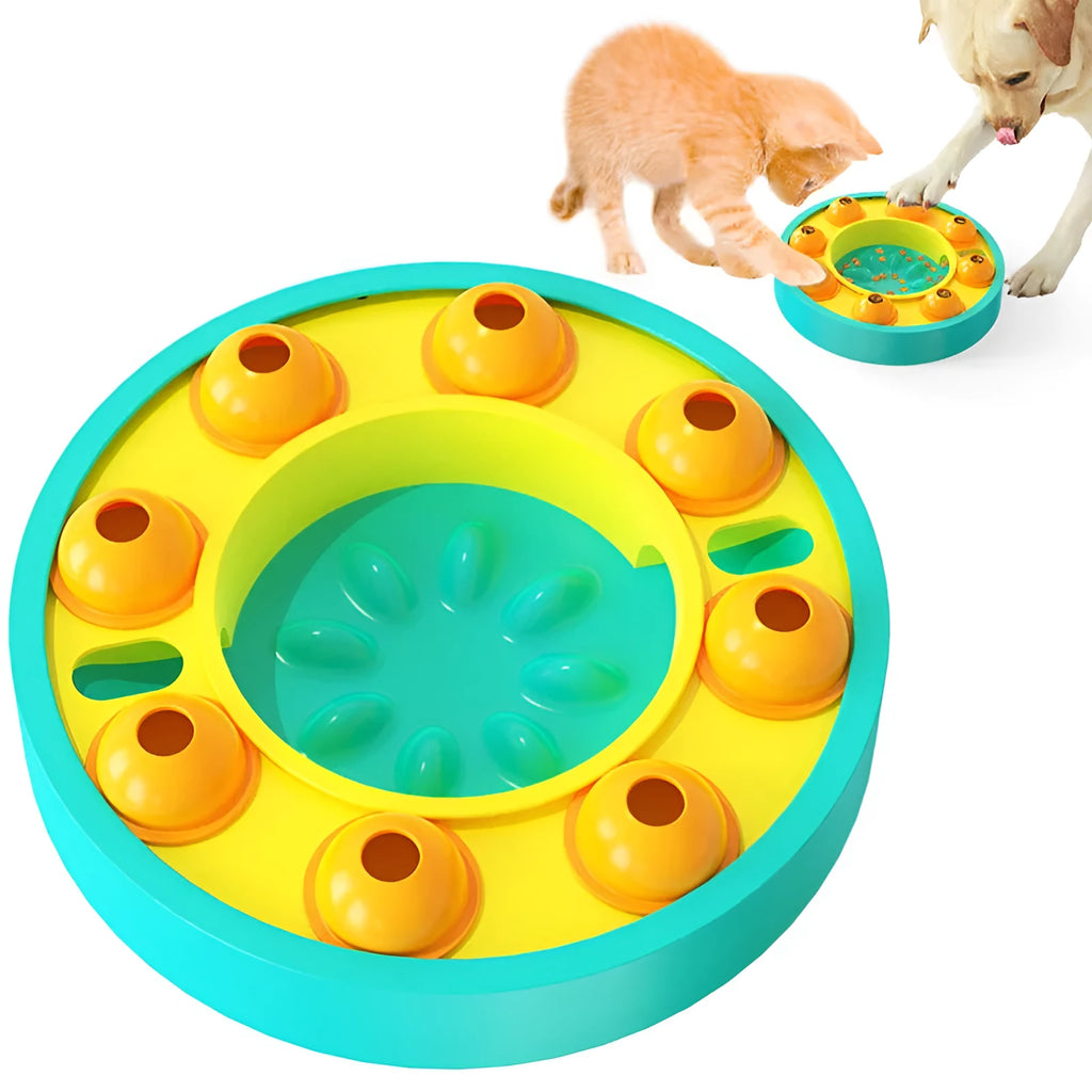 Square blue dog puzzle feeder bowl with a central column and a top turntable for interactive feeding.
