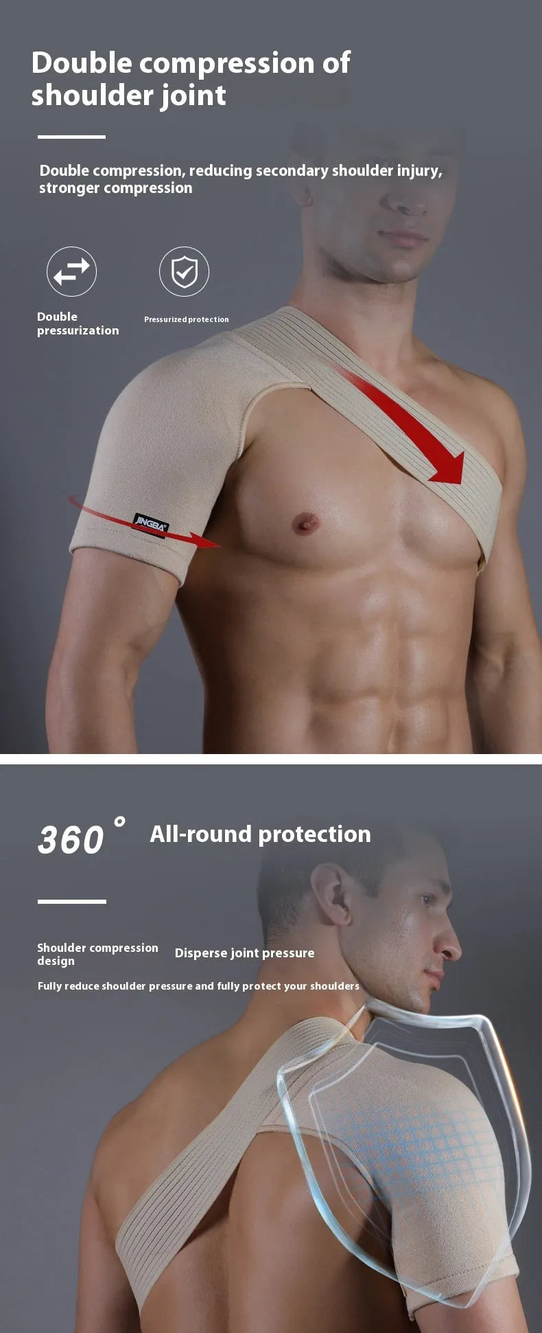 Adjustable skin-coloured sports protective strap for shoulder support in multiple activities.