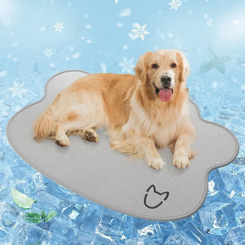 Light gray dog head shaped ice silk cooling mat for pets on a wooden floor