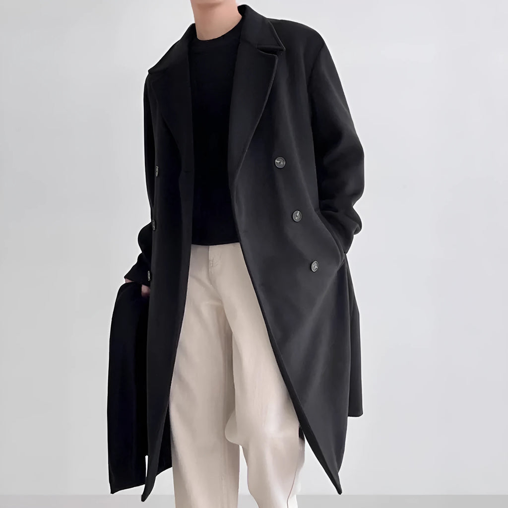 Men's thick loose wool overcoat in black, brown, and dark gray, polyester blend, sizes M-5XL