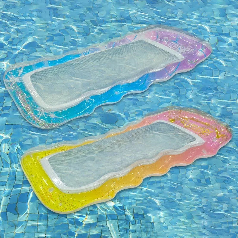 Inflatable floating row pool lounger in thick PVC showing gradient colour and sequinned design options.