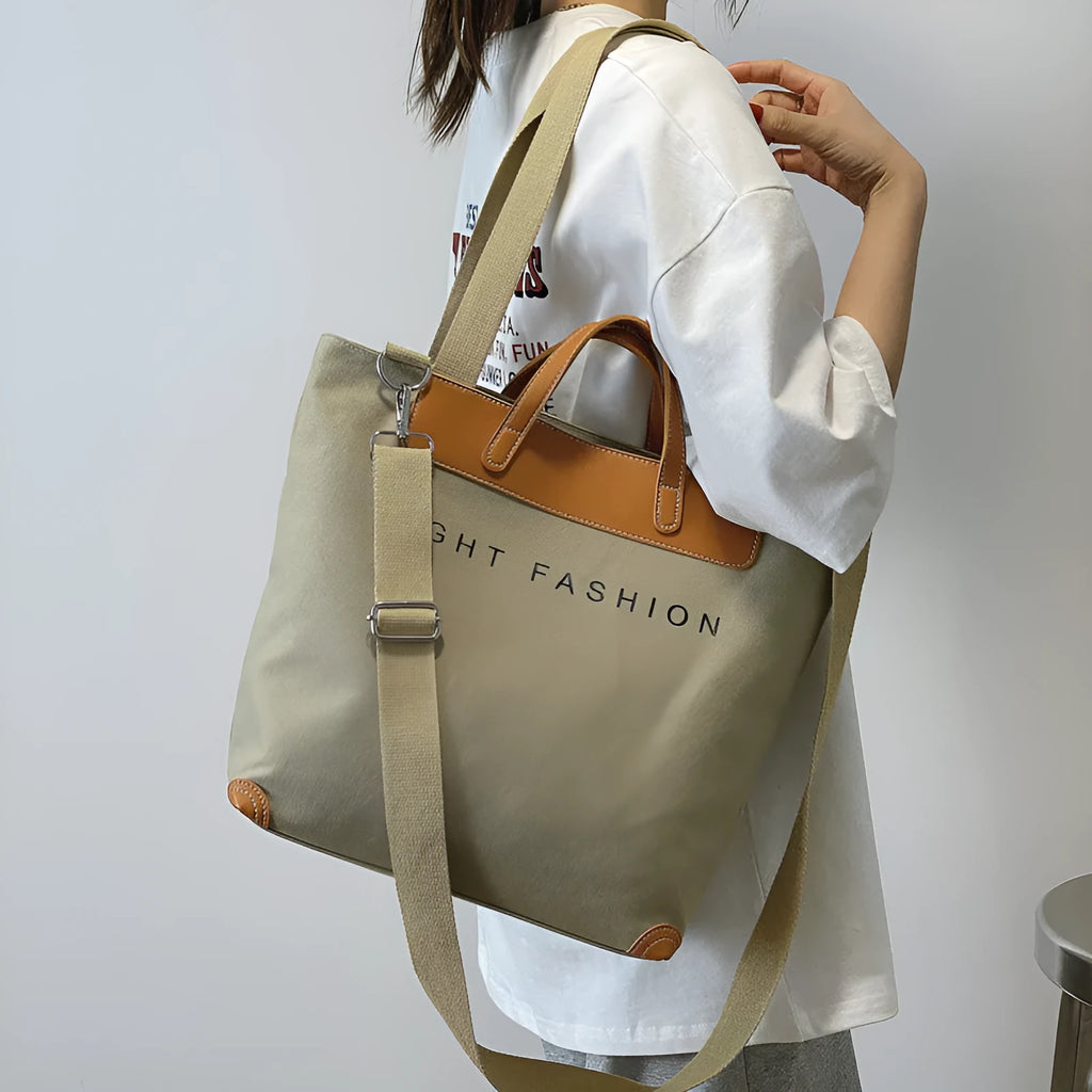 Canvas shoulder bag for women with letter print, large capacity, available in black, grey, white, khaki, and green colours