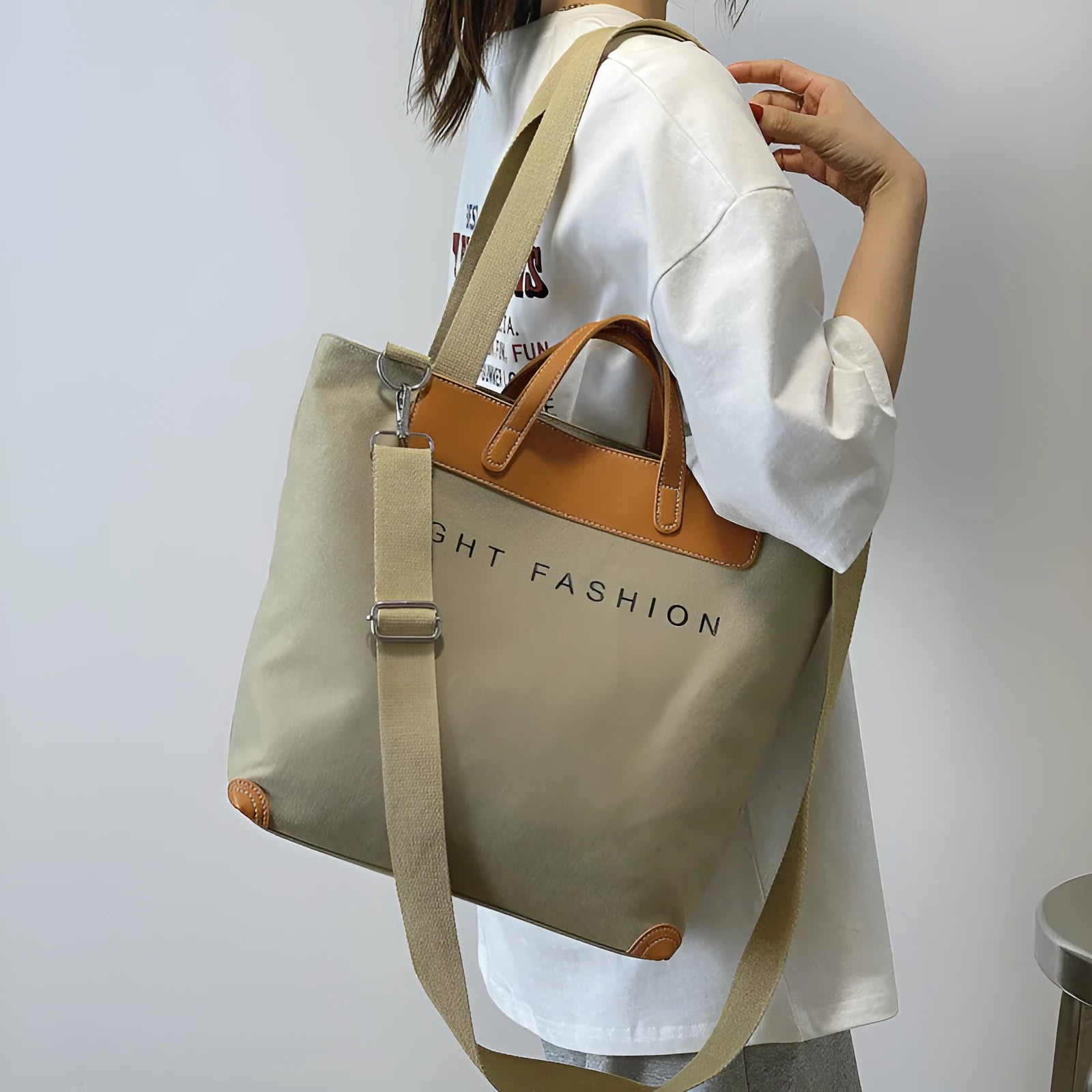 Canvas shoulder bag for women with letter print, large capacity, available in black, grey, white, khaki, and green colours