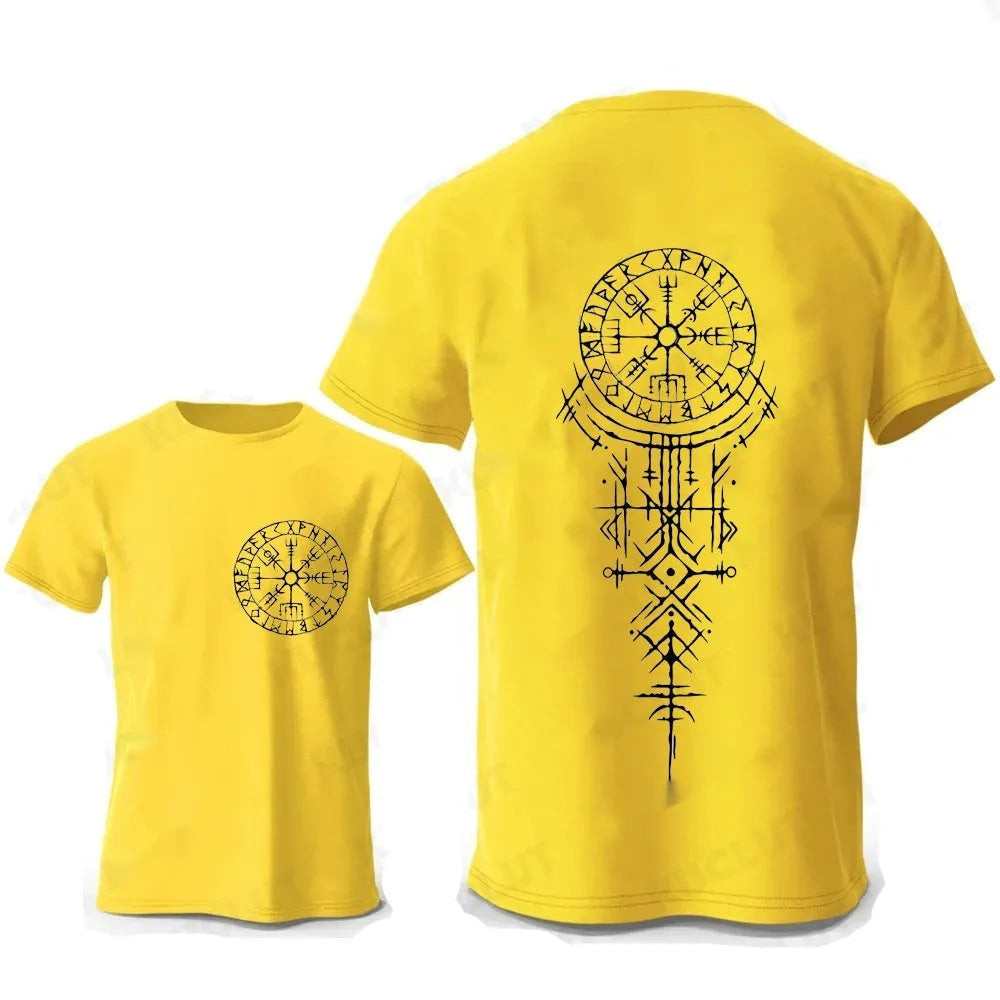 Men's grey cotton t-shirt with a large Viking rune compass graphic on the chest.