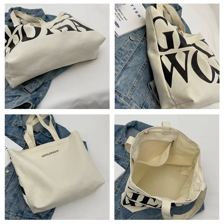 Large capacity canvas tote bag with letter print and upgraded zipper, off-white colour, on plain background