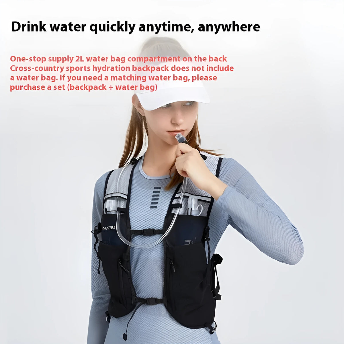 5L nylon hydration backpack in black or white, available in S, M, and L sizes, for cross-country and climbing. Water bag not included.