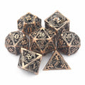 Hollow copper electroplated dice set in ancient bronze, seven polyhedral dice with right-angle edges