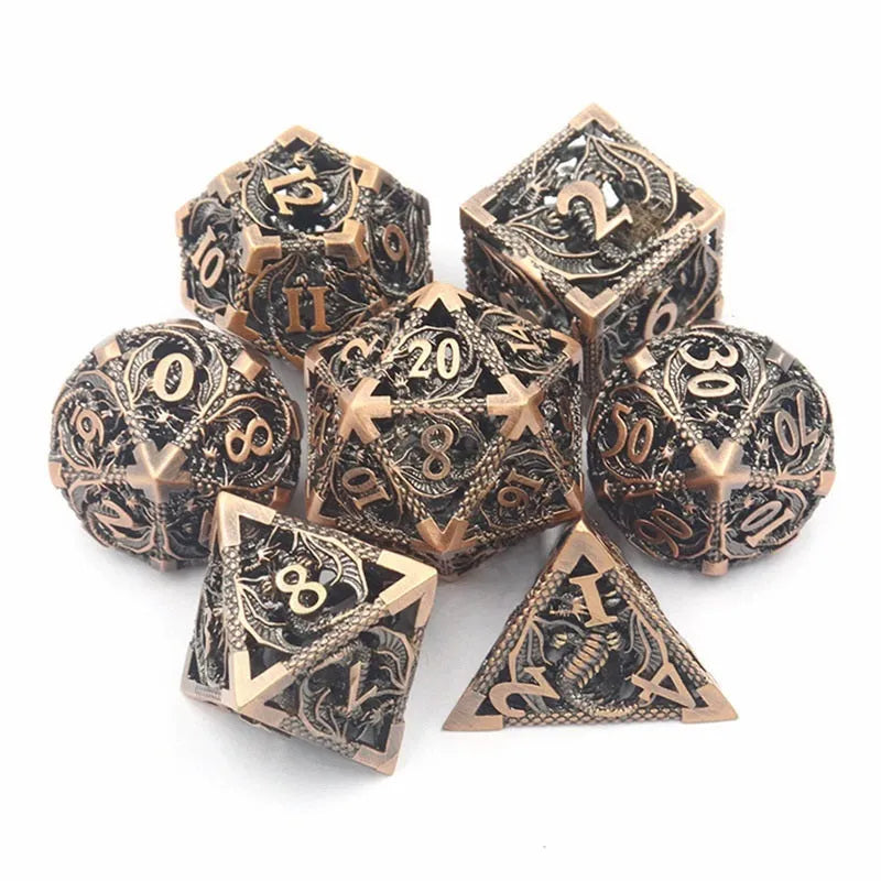Hollow copper electroplated dice set in ancient bronze, seven polyhedral dice with right-angle edges