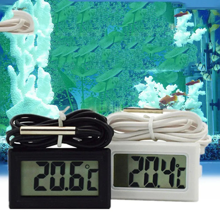 Electronic liquid crystal aquarium thermometer with black or white casing and 1m to 5m cord options
