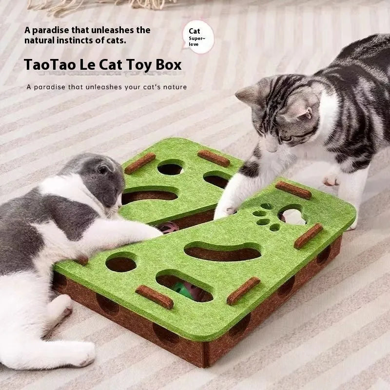 Green brown felt cat toy box with holes and detachable felt mice for hide-and-seek play.