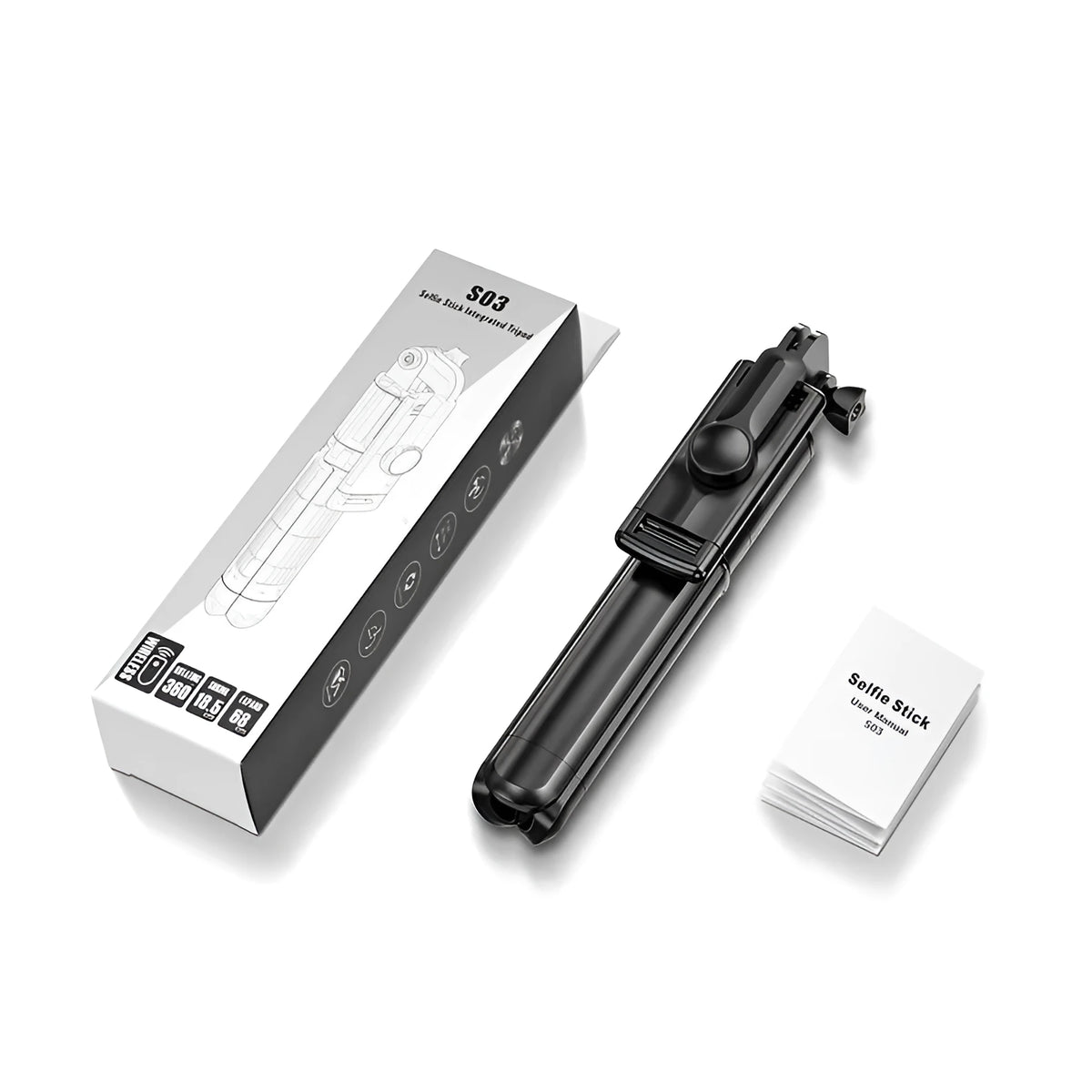Bluetooth selfie stick S03 in Black with aluminium alloy arm and plastic handle, includes remote control