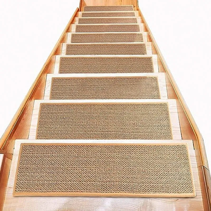 Japanese-style linen stair mat in camel colour with 20x76cm dimensions on wooden stairs