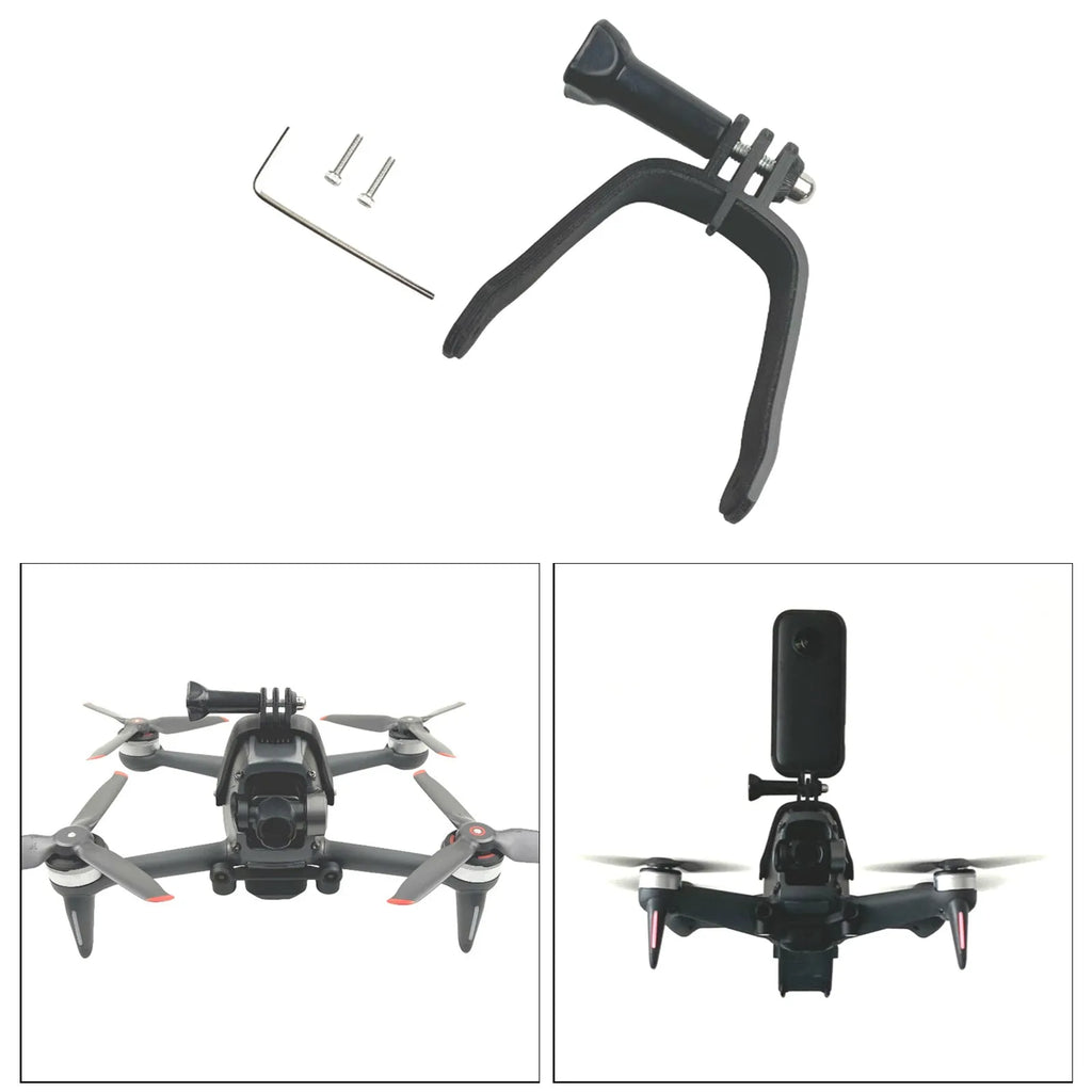 3D-printed hard plastic FPV drone top expansion bracket with soft sponge pad for mounting GoPro cameras.