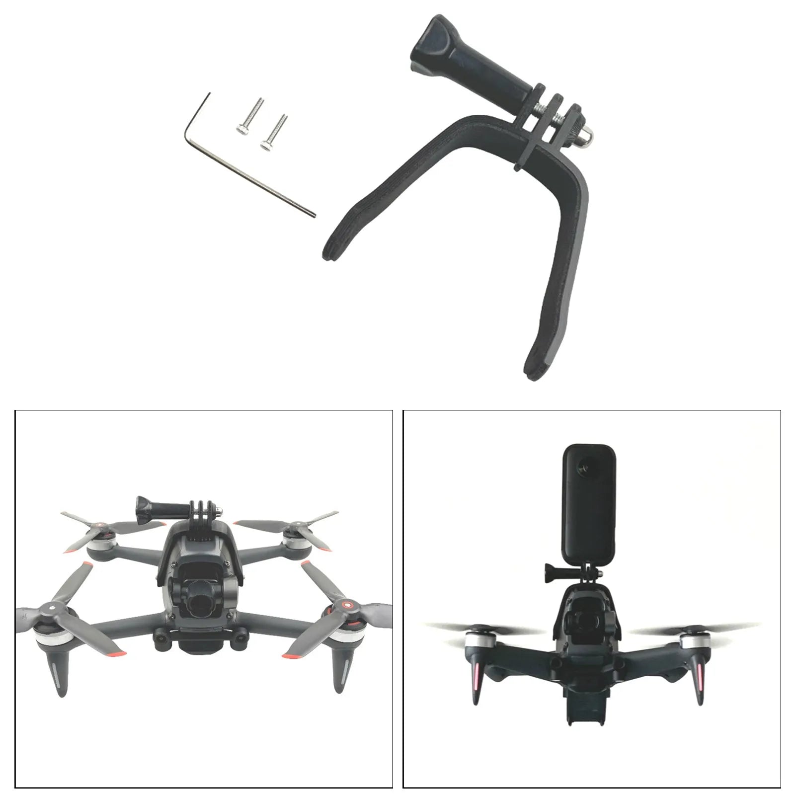 3D-printed hard plastic FPV drone top expansion bracket with soft sponge pad for mounting GoPro cameras.