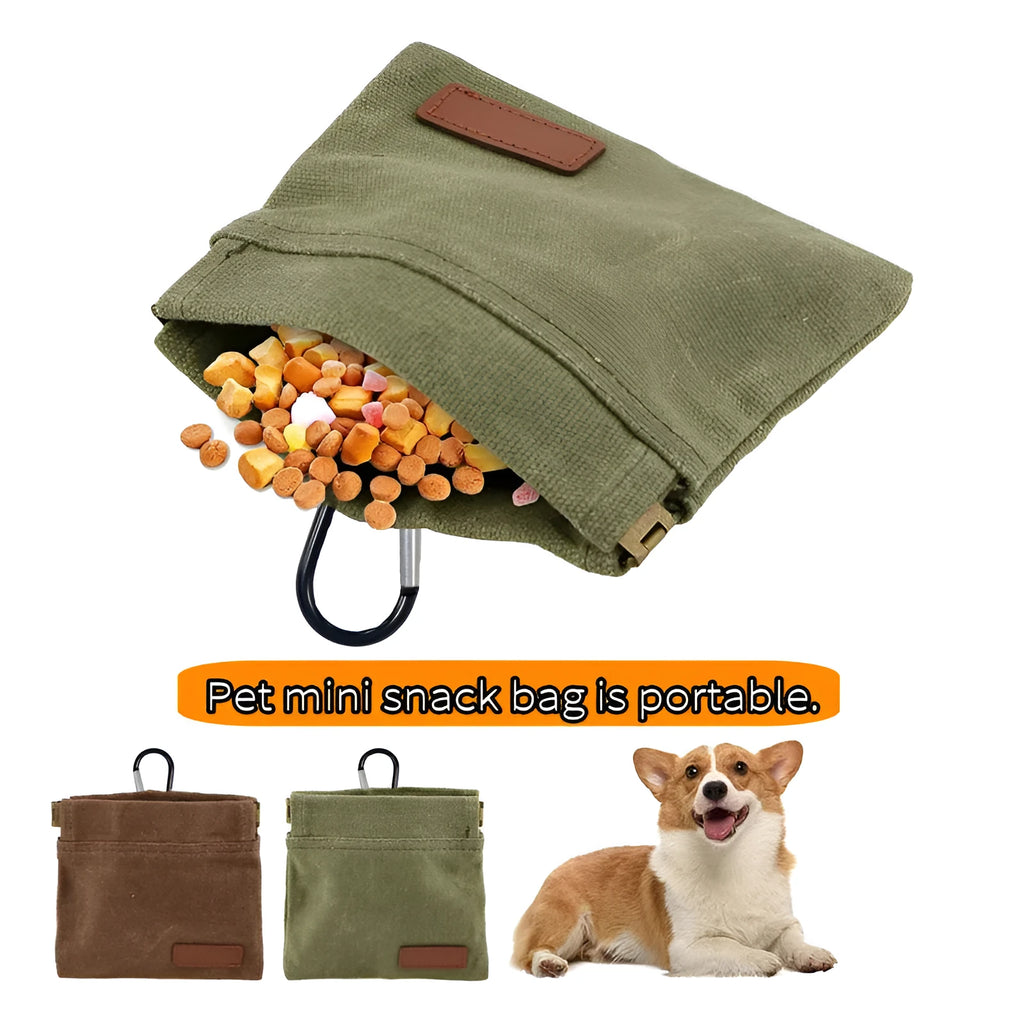 Waxed canvas pet snack bag in Khaki colour, compact treat pouch for dog training outdoors