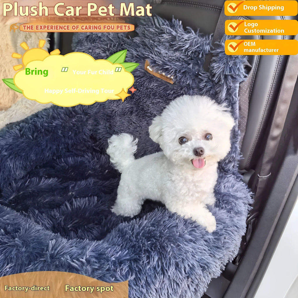 Dark grey thick cloth thermal pet mat shown on a car rear seat.