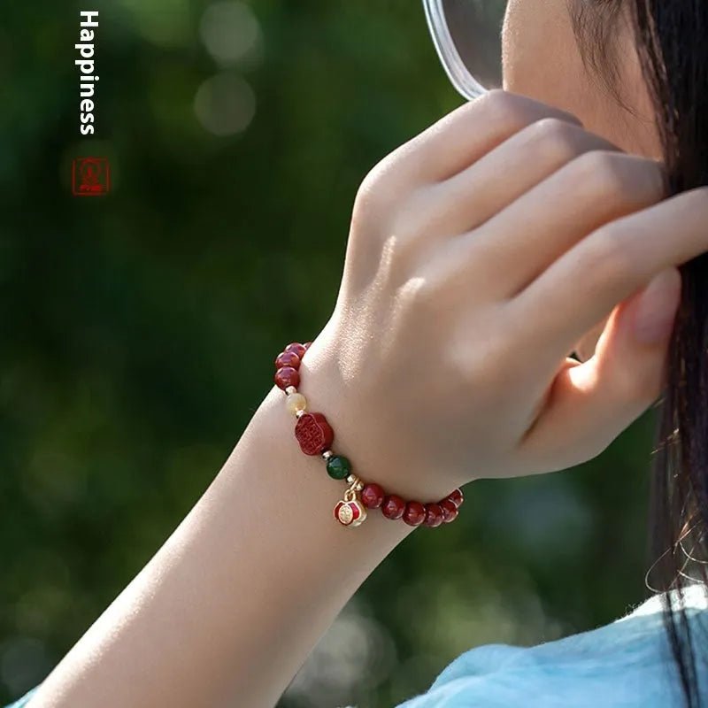 Happy Eyebrow Bracelet with fu charm in emperor sandstone colour, available in 6mm and 8mm sizes.