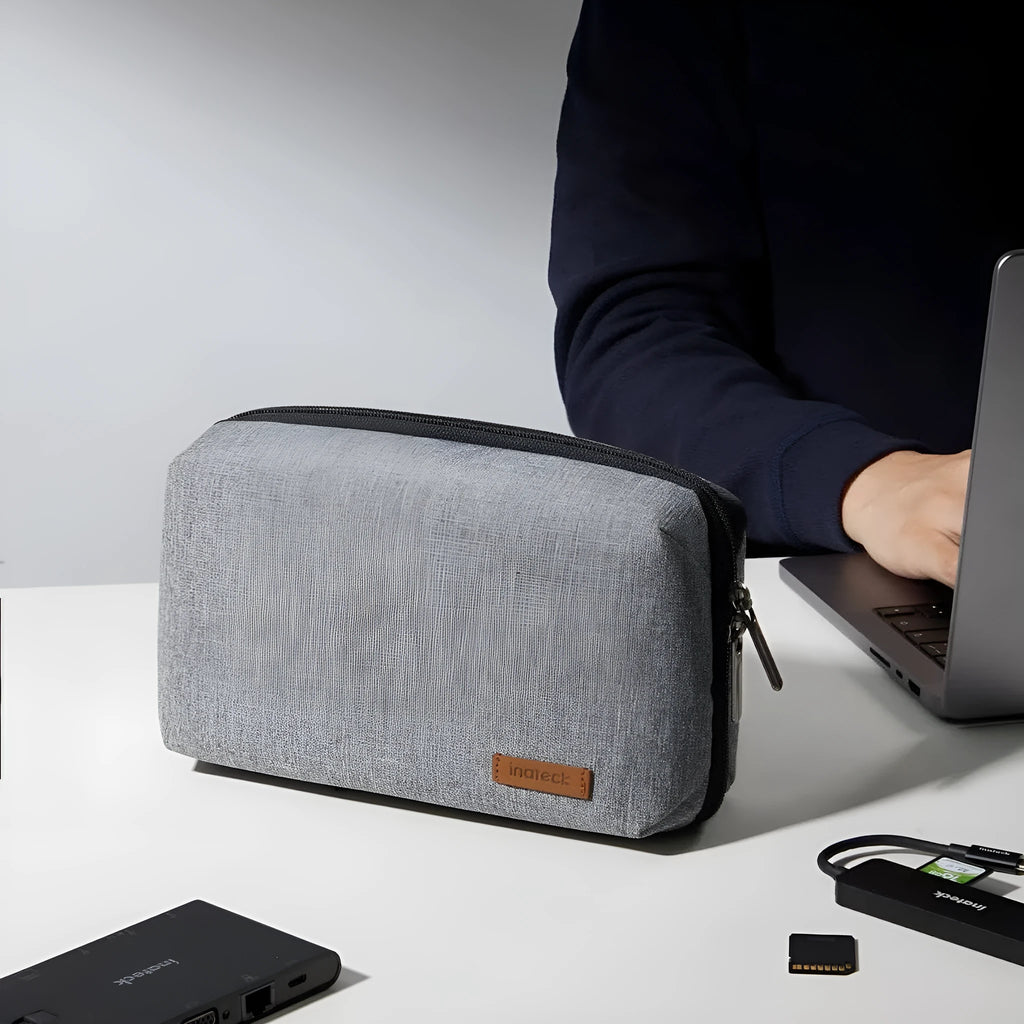 Gray cylindrical polyester storage bag for data cables with sealing closure