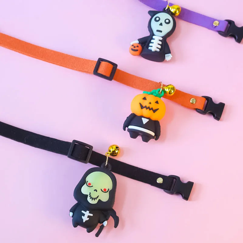 Halloween dog collar decoration in a cartoon design, shown with adjustable sizing options.