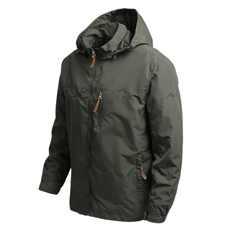 Men's mountaineering windbreaker outdoor sports jacket with hood, stand-up collar, and zipper front in army green colour
