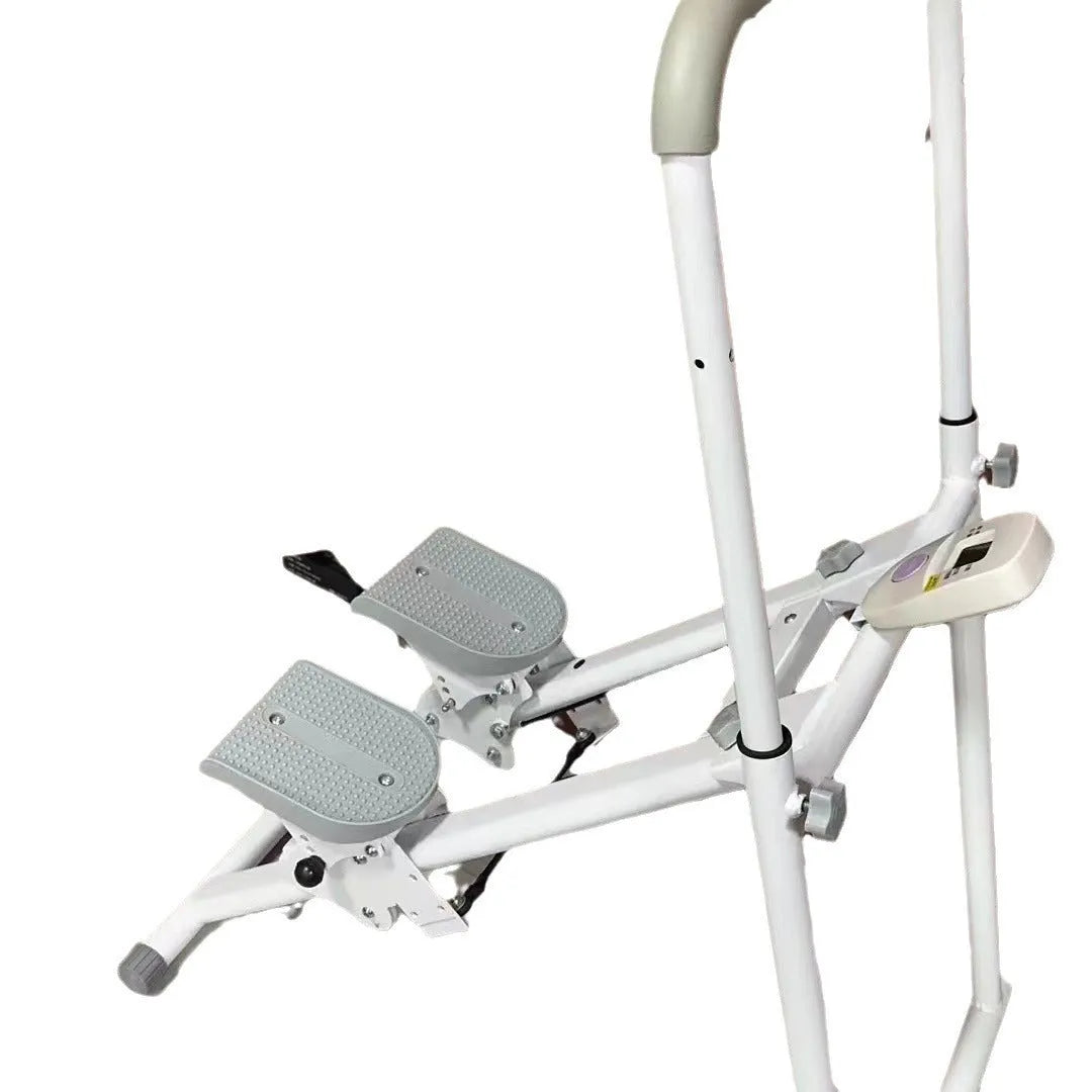 White folding treadmill with attached indoor climbing frame for home fitness.