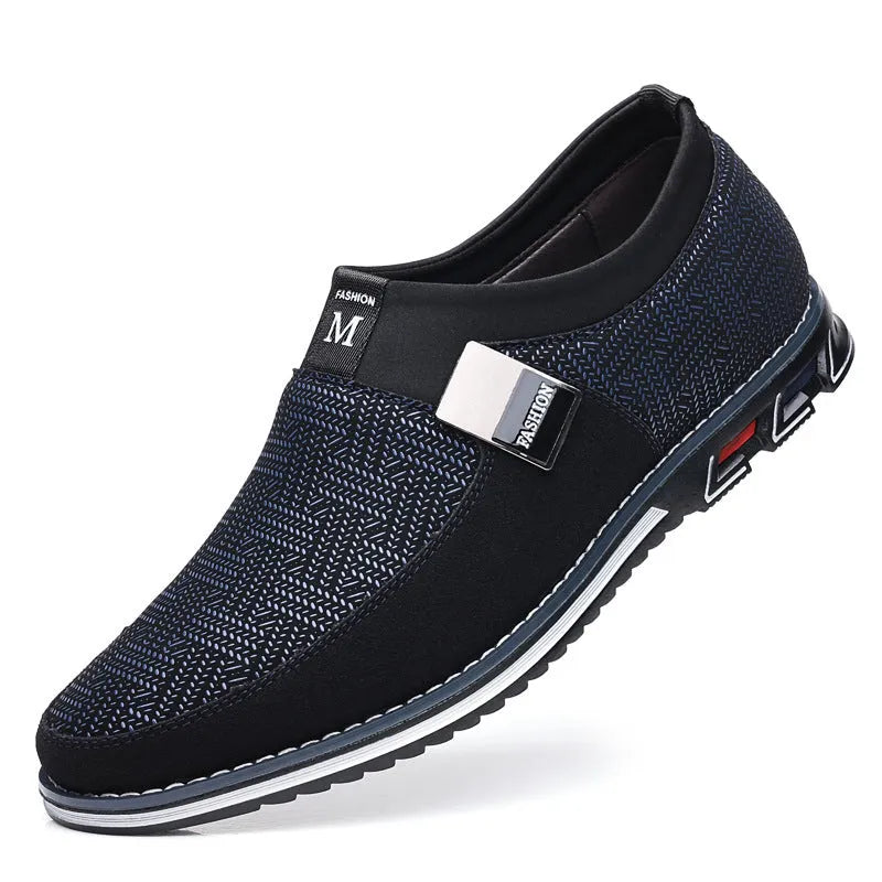Men's synthetic leather casual shoes in black with a square toe and flat rubber sole.