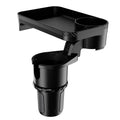 Black ABS plastic rotating dinner tray holder inserted into a car cup holder.