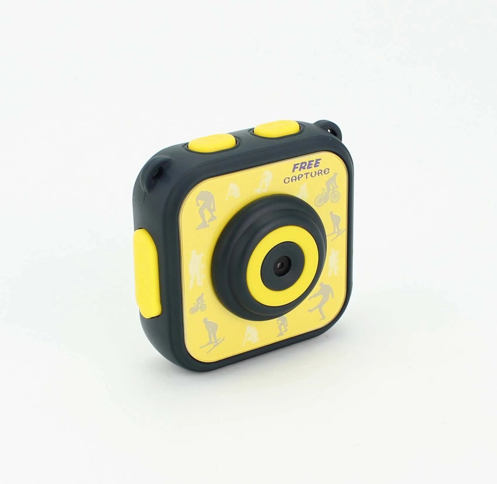 Yellow children's waterproof sports camera with compact design showing dimensions and LCD screen